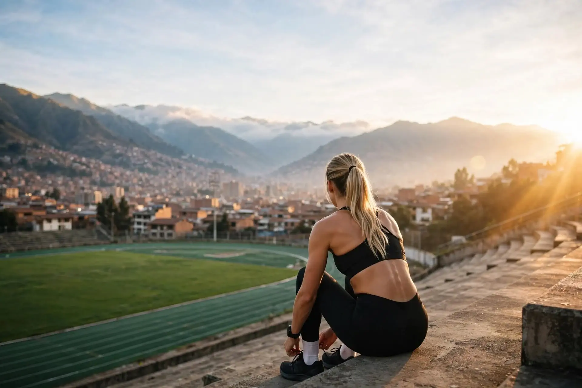 Deportista amarrándose el zapato al amanecer, lista para volver a entrenar tras su recuperación